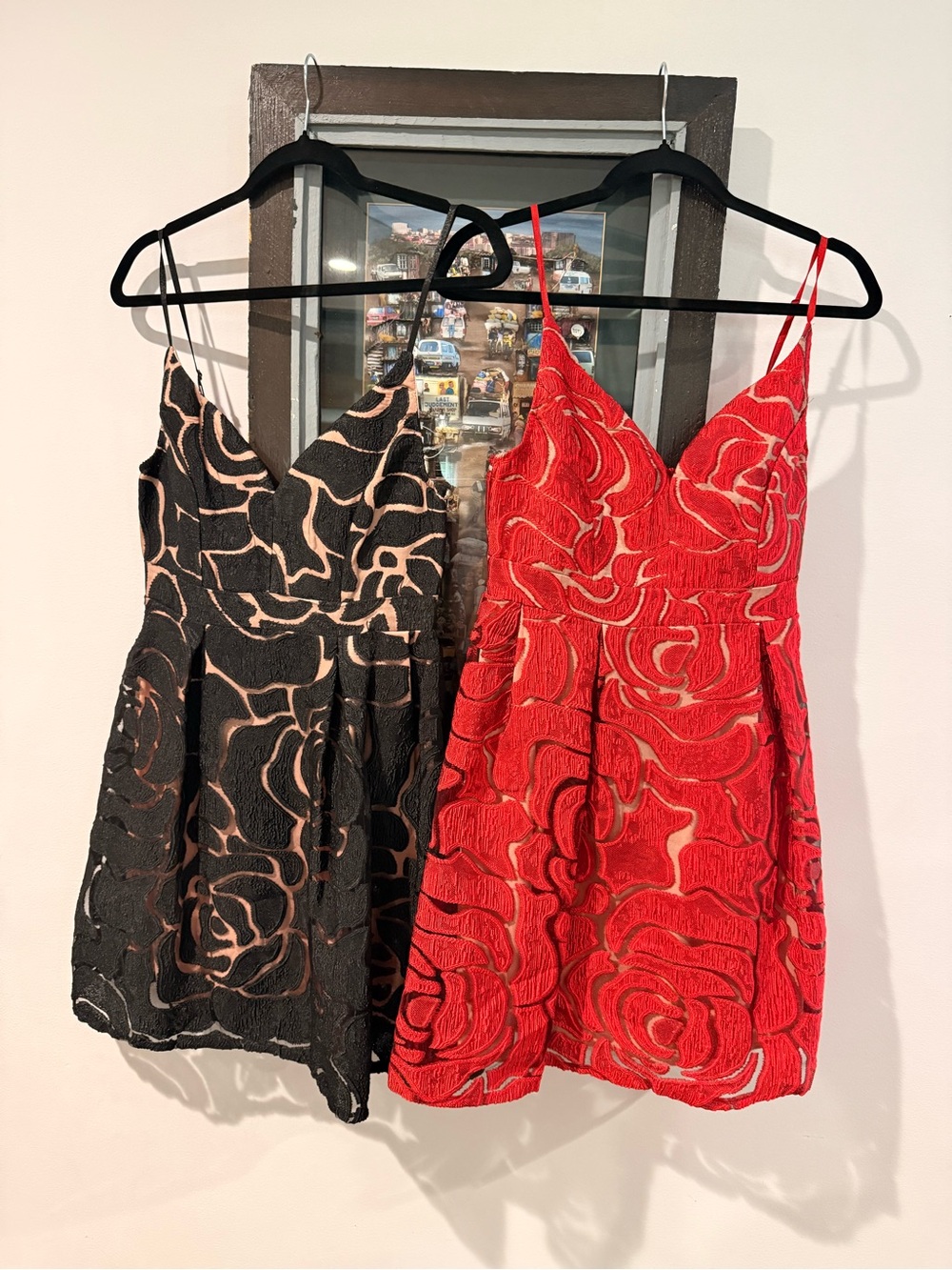 Black and Red Floral Lace Fit & Flare Dresses - Women's